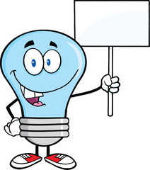 Blue Light Bulb Cartoon Character Holding Up A Blank Sign