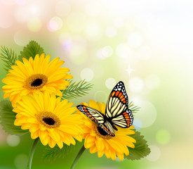 Poster - Nature background with yellow beautiful flowers and butterfly. V