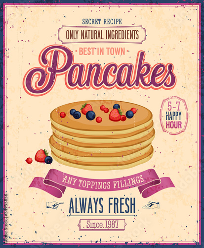 Naklejka - mata magnetyczna na lodówkę Vintage Pancakes Poster. Vector illustration.