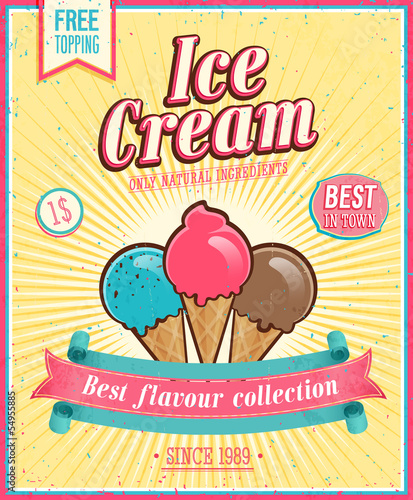 Naklejka - mata magnetyczna na lodówkę Vintage Ice Cream Poster. Vector illustration.