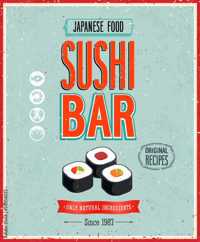 Naklejka dekoracyjna Vintage Sushi Bar Poster. Vector illustration.