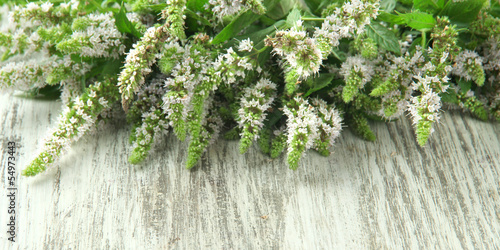 Naklejka dekoracyjna Fresh mint flowers on wooden background