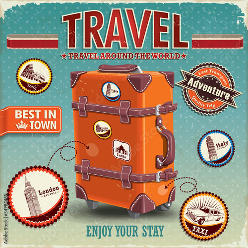 Plakat na zamówienie Vintage travel luggage poster with labels