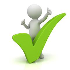 Fototapete - 3d man showing thumbs up with green check mark over white