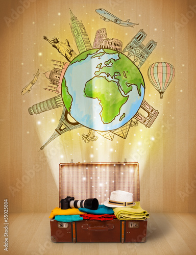 Obraz w ramie Bagaż podróżny na tle ilustracji świata