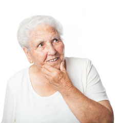 old woman thinking on a white background