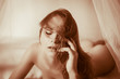 Photo of red head sexual sensual young girl lying naked in bed