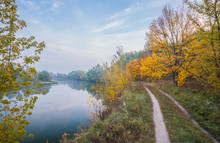 River And Road. Autumn Landscape.