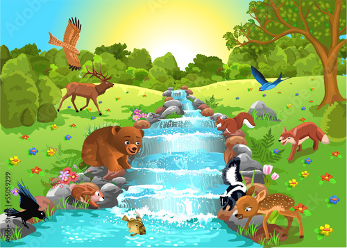 Naklejka ścienna animals drinking water from the brook