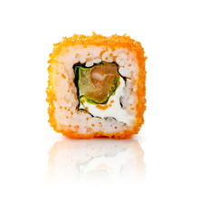 Traditional Fresh Japanese Sushi Rolls On A White Background