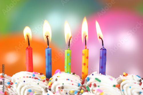 Celebration with Balloons Candles and Cake Poster