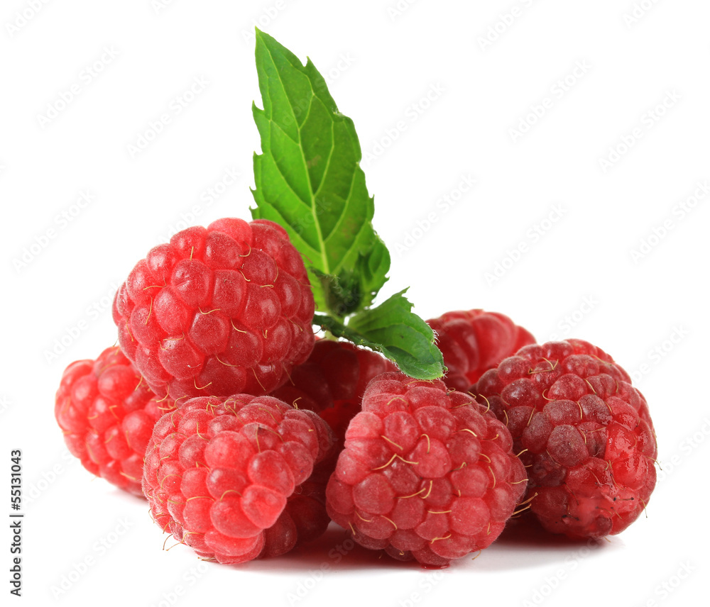Ripe sweet raspberries isolated on white
