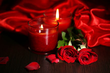 Beautiful Romantic Red Candle With Flowers And Silk Cloth,