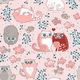 Romantic seamless pattern with cats and birds in vector