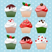 Christmas Set Of Cupcakes And Muffins, Vector Illustration