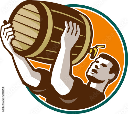 Obraz w ramie Bartender Pouring Drinking Keg Barrel Beer Retro