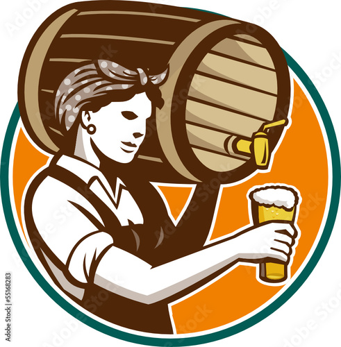 Nowoczesny obraz na płótnie Woman Bartender Pouring Keg Barrel Beer Retro
