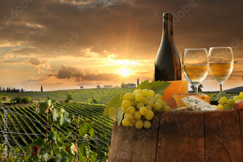 Tapeta ścienna Białe wino z barell w winnicy, Chianti, Toskania, Włochy