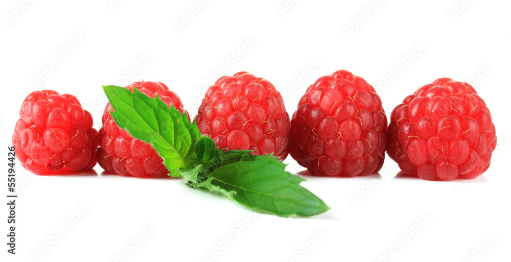 Ripe sweet raspberries isolated on white