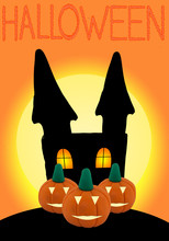 3 Halloween Pumpkin On Orange Background With Castle And Text