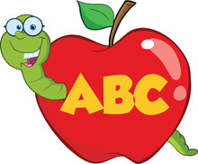 Happy Worm In Red Apple With Glasses And Leter ABC