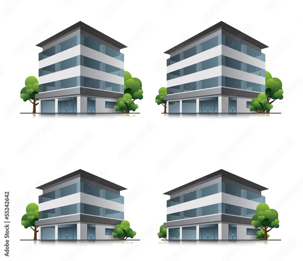 Set of four hotel or office vector building icons with trees Stock ...