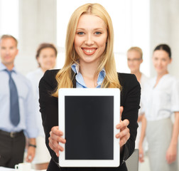 Sticker - smiling woman with tablet pc in office