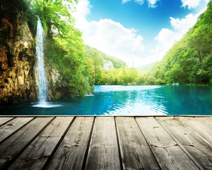 Wall Mural - waterfall in deep forest of croatia and wood pier