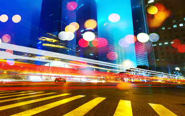 the light trails on the modern building in shanghai china