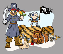 Pirate Captain Black And Team With Treasure - Vector Characters