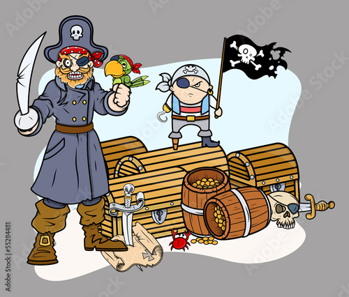 Obraz w ramie Pirate Captain Black and Team with Treasure - Vector Characters