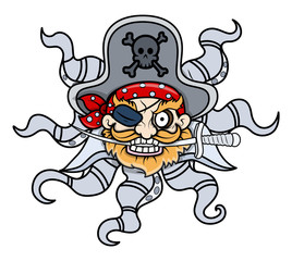 Wall Mural - Creepy Octopus Head Captain Pirate - Vector Cartoon Illustration