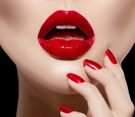 Poster - Red Sexy Lips and Nails closeup. Manicure and Makeup