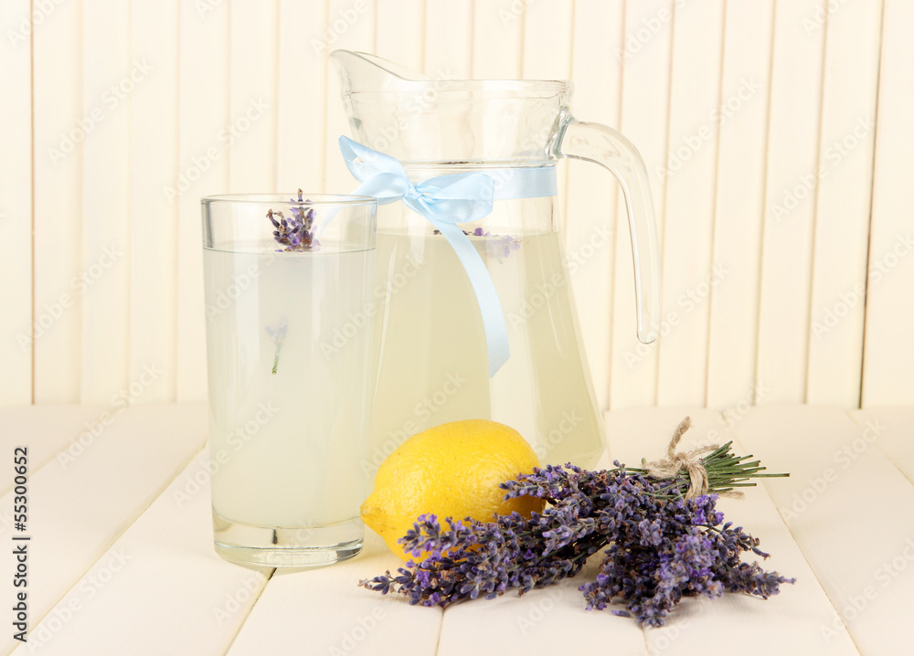 Lavender lemonade, on white wooden background