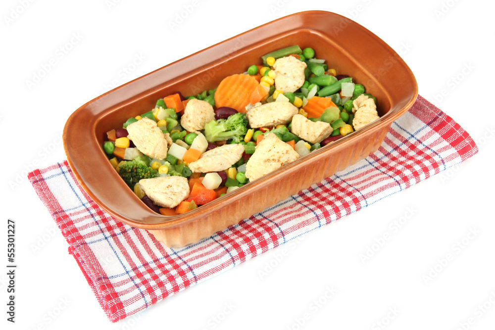 Casserole with vegetables and meat, isolated on white