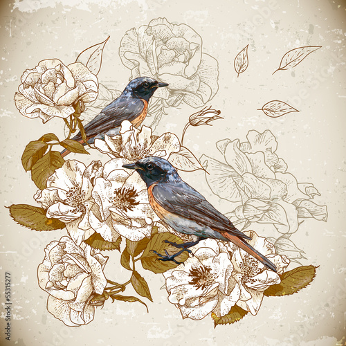 Naklejka na szybę Vintage floral background with birds