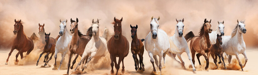 a herd of horses running on the sand storm