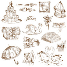 Set Of Beautiful Wedding Hand Drawn Elements - In Vector