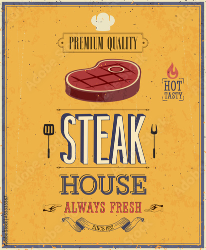 Board z aluminiowym obramowaniem Plakat rocznika steak house. 