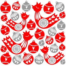 Christmas Card With Birds And Christmas Balls, Vector