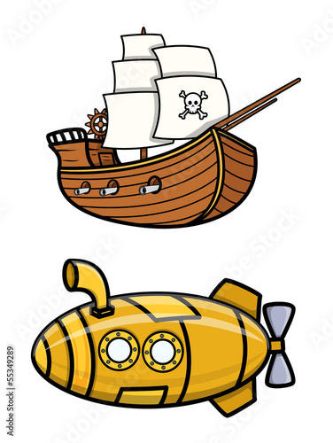 stary-piracki-statek-i-lodz-podwodna-kreskowka-wektoru-ilustracja