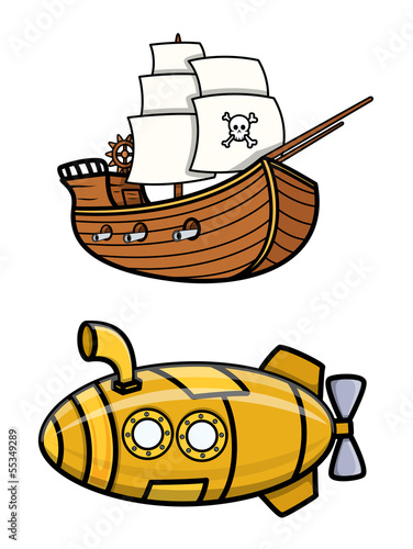 Naklejka na drzwi Old Pirate Ship and Submarine - Cartoon Vector Illustration