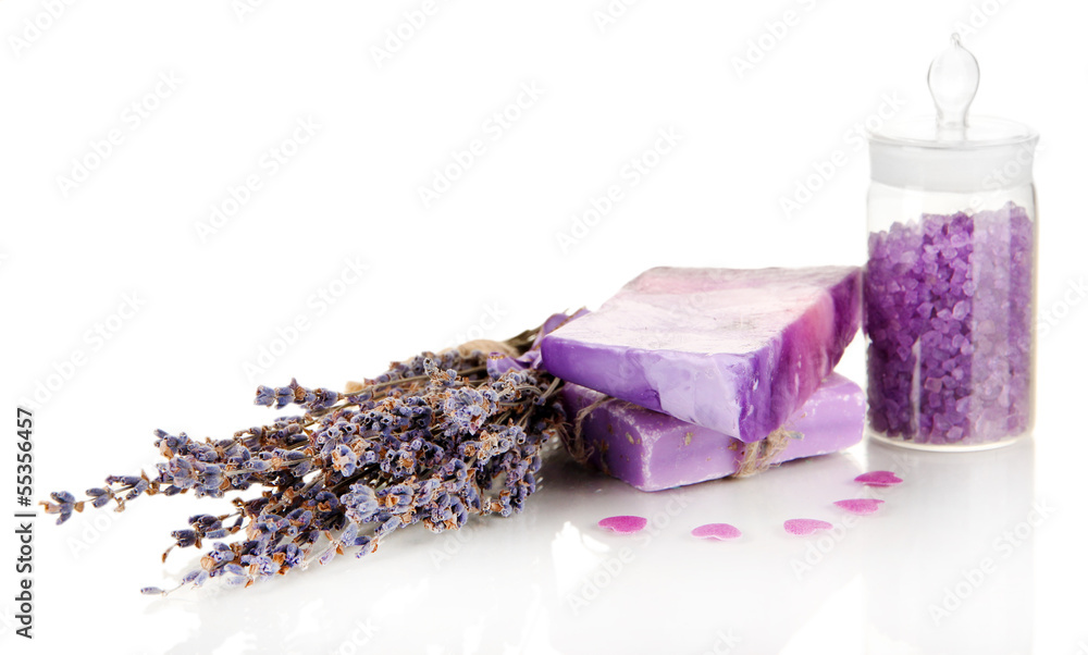 Hand made soap with lavender and sea salt isolated on white