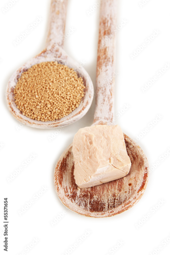 Dry yeast in spoons isolated on white