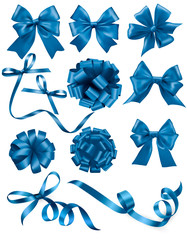 Poster - Big set of blue gift bows with ribbons. Vector illustration.