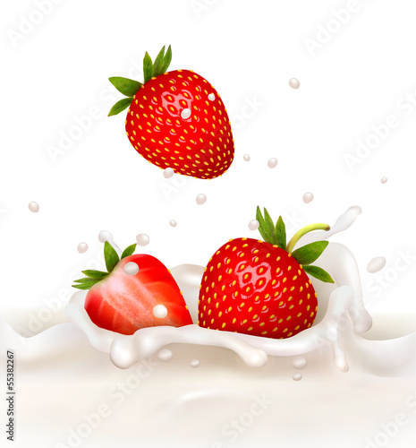 Red strawberry fruits falling into the milky splash. Vector illu © ecco