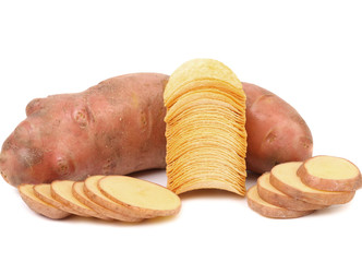 Sticker - Tubers of potato, slices and stack chips.