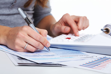 Aufkleber - Hands of business people with calculator.