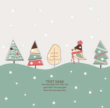 Christmas And New Year Card With Bird And Trees