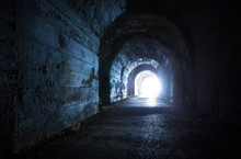 Blue Glowing Exit From Dark Abandoned Tunnel